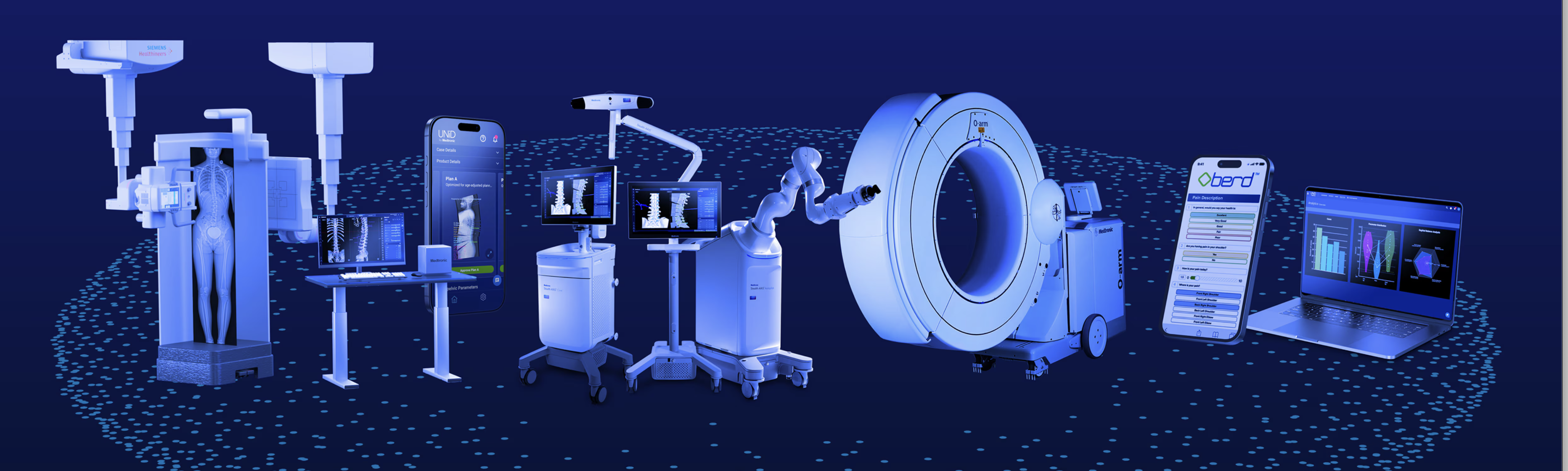 The connected Medtronic AiBLE ecosystem of spine surgery technology: full-body imaging, UNiD planning app, StealthStation navigation, Mazor robotic guidance arm, O-arm imaging system, and post-operative data tools.