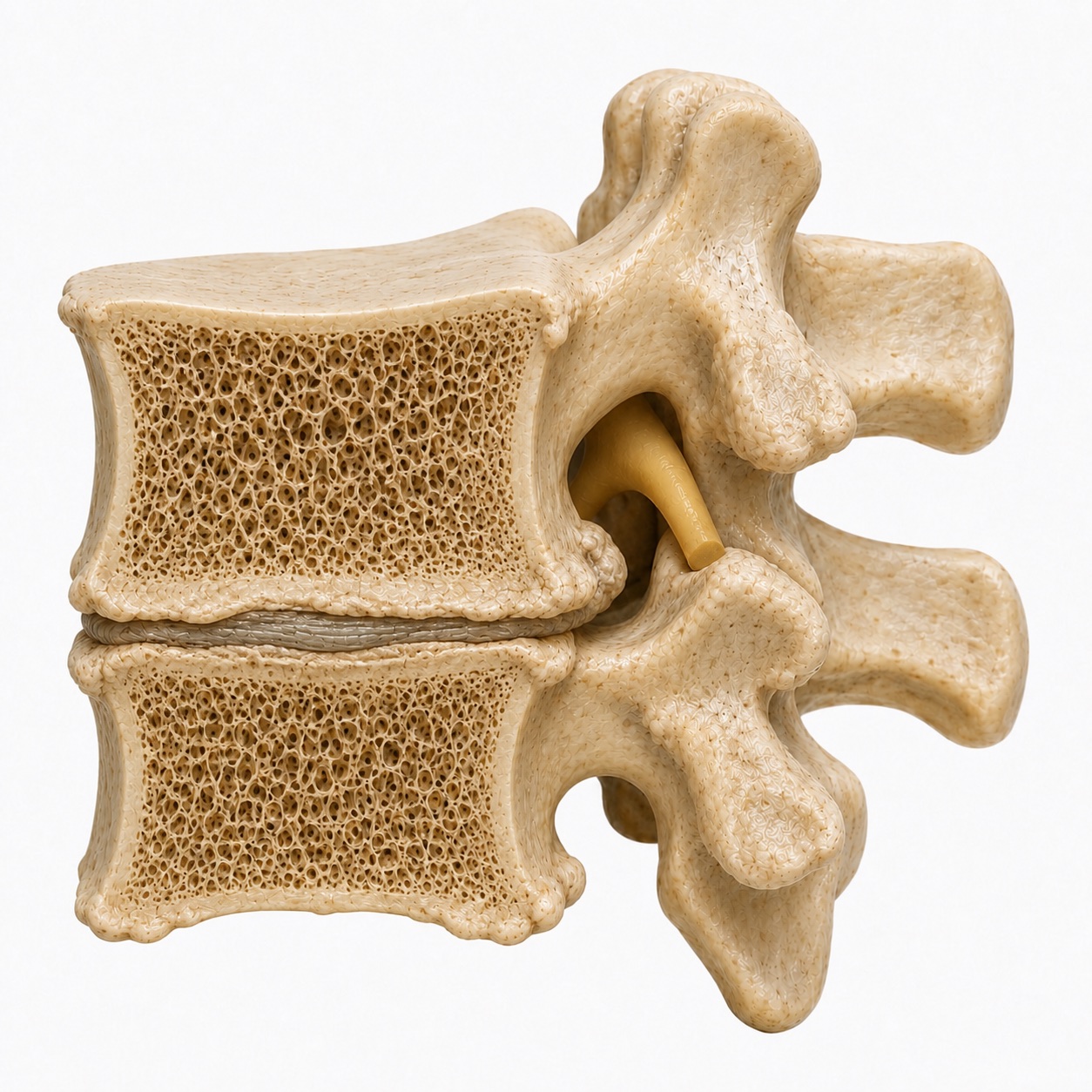 Matching lumbar cutaway showing a severely narrowed disc space, bony spurs along the endplates, and less room around the exiting nerve.