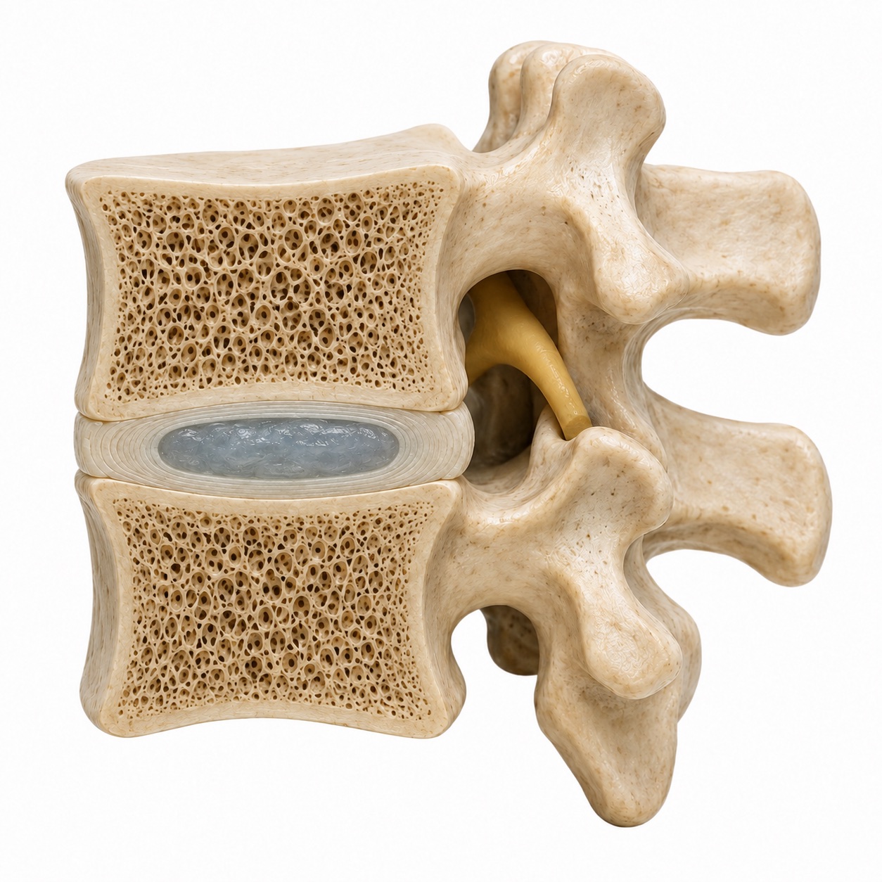 Matching lumbar cutaway showing a smaller, less hydrated disc center and reduced disc height.
