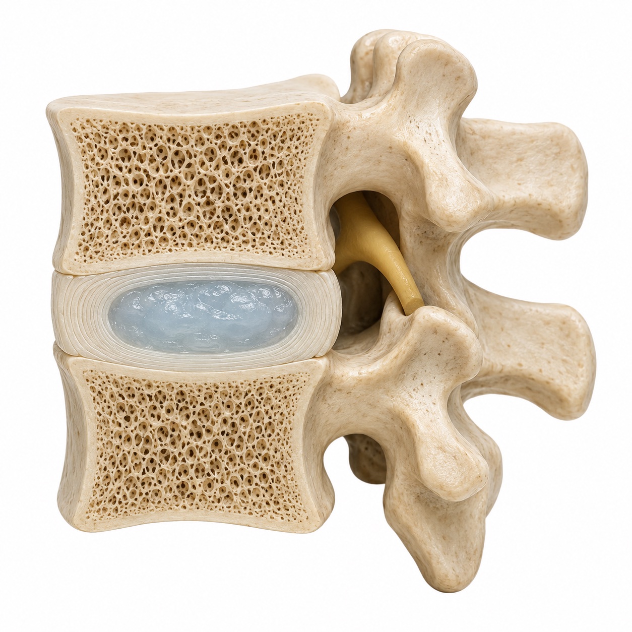 Realistic lumbar cutaway showing a full-height healthy disc with a hydrated gel center and intact layered outer ring.