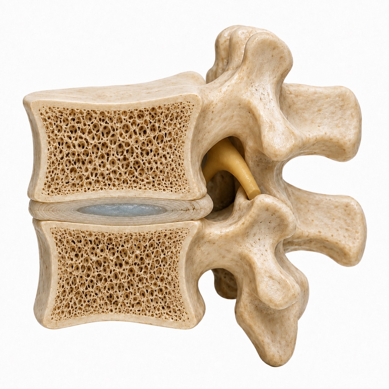 Matching lumbar cutaway showing further disc thinning, small fissures in the outer ring, and a posterior bulge.