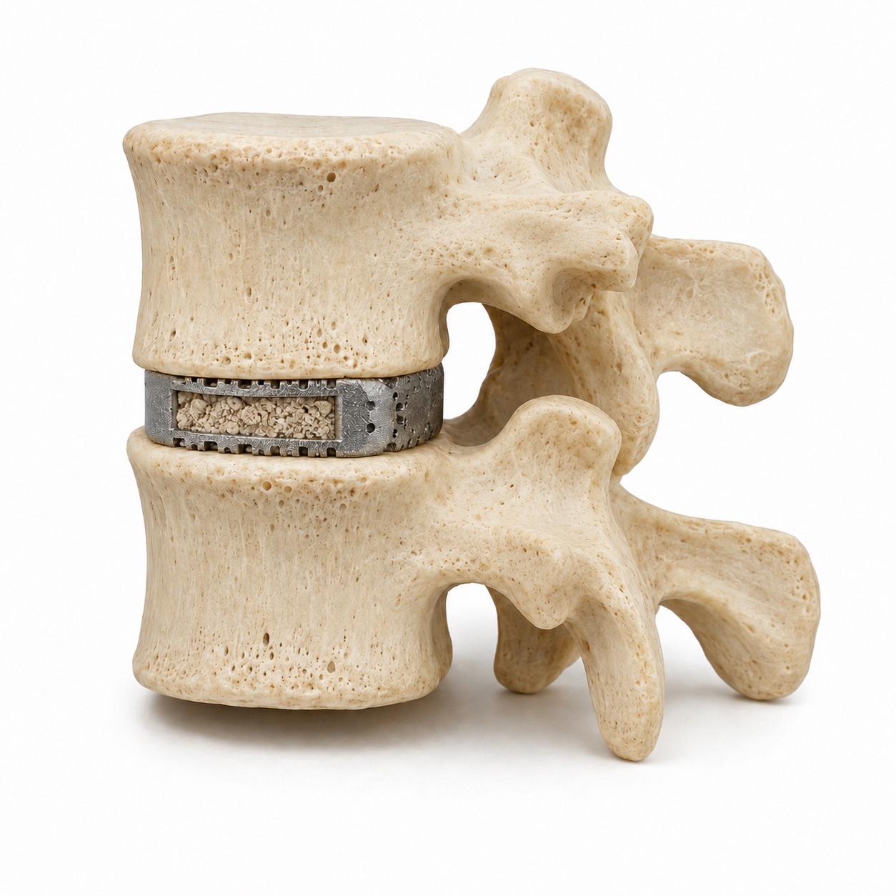 A titanium interbody spacer containing bone graft seated between two lumbar vertebrae