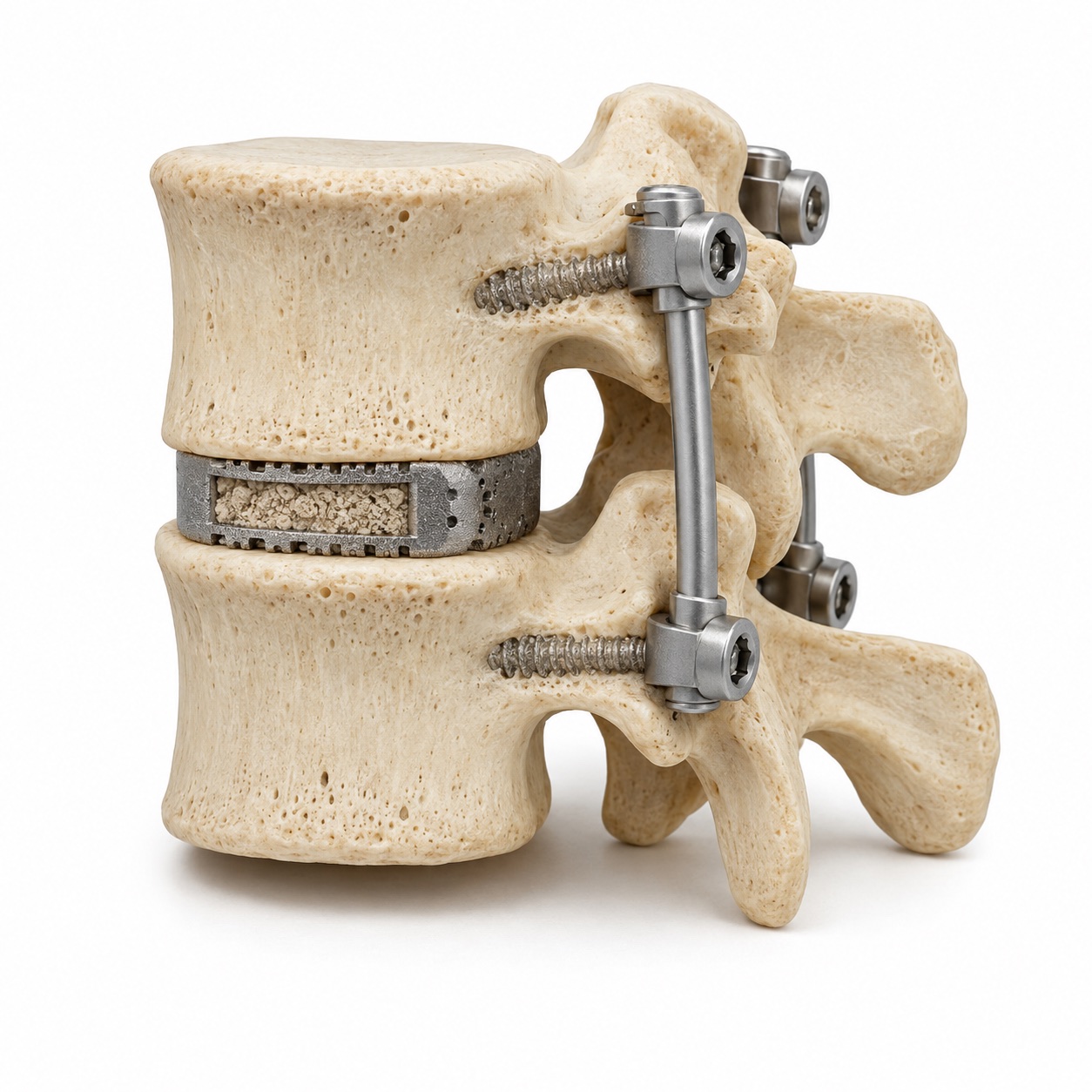 The interbody spacer supported by posterior pedicle screws and connecting rods
