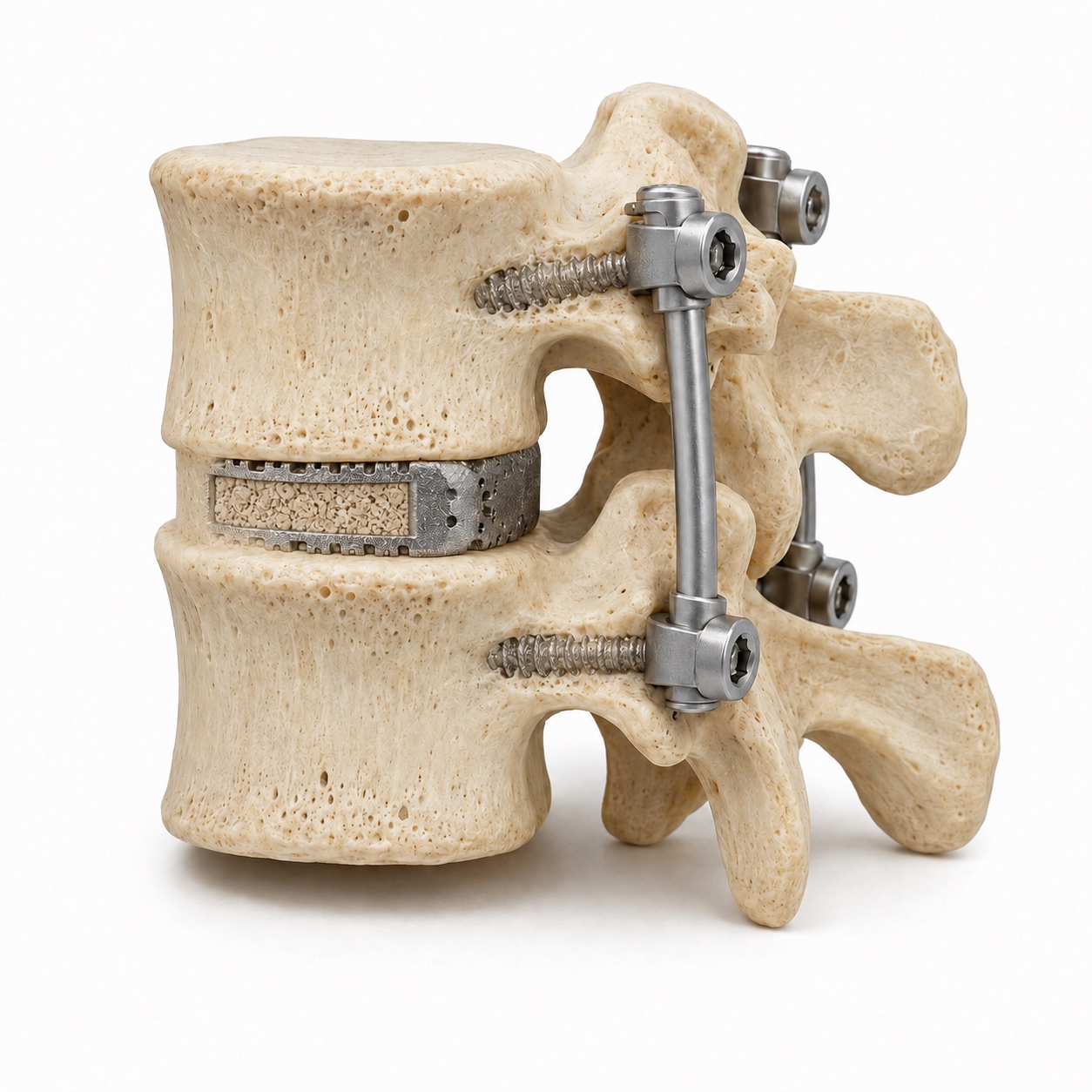 Bone bridging the vertebral endplates around the interbody spacer, with screws and rods retained