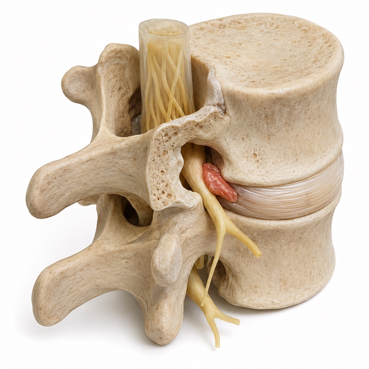 Three-dimensional lumbar spine illustration showing a coral-colored herniated disc fragment beside a yellow nerve root
