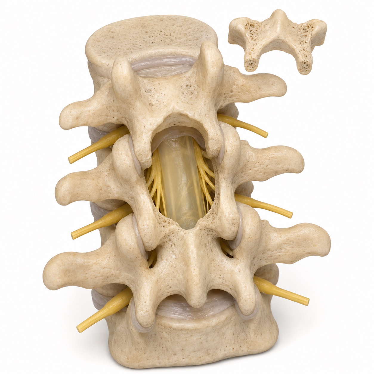 Three-dimensional posterior lumbar spine illustration showing a central opening after laminectomy, with the removed bone displayed above it