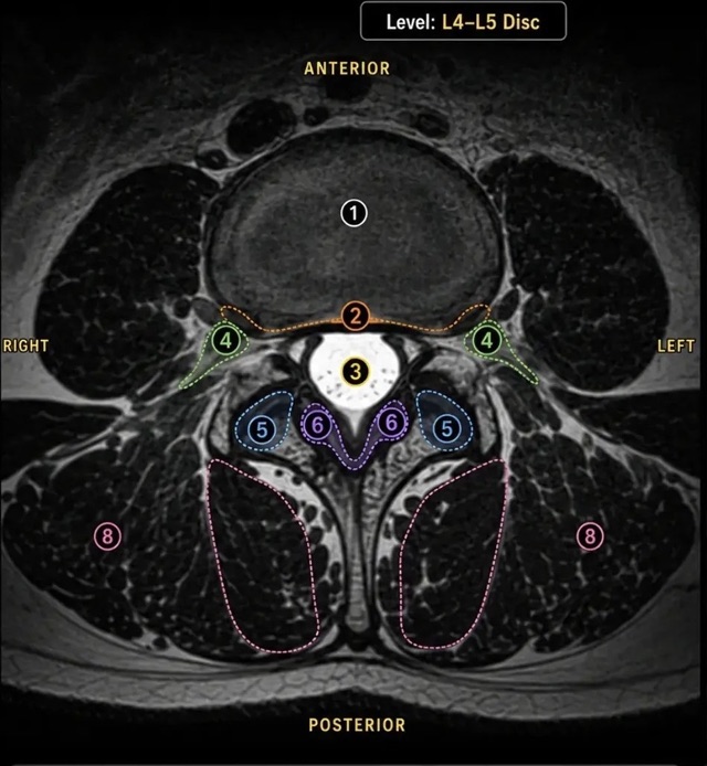 Labeled axial MRI at the L4-L5 disc showing the disc, spinal canal, nerve roots, facet joints, and surrounding muscle