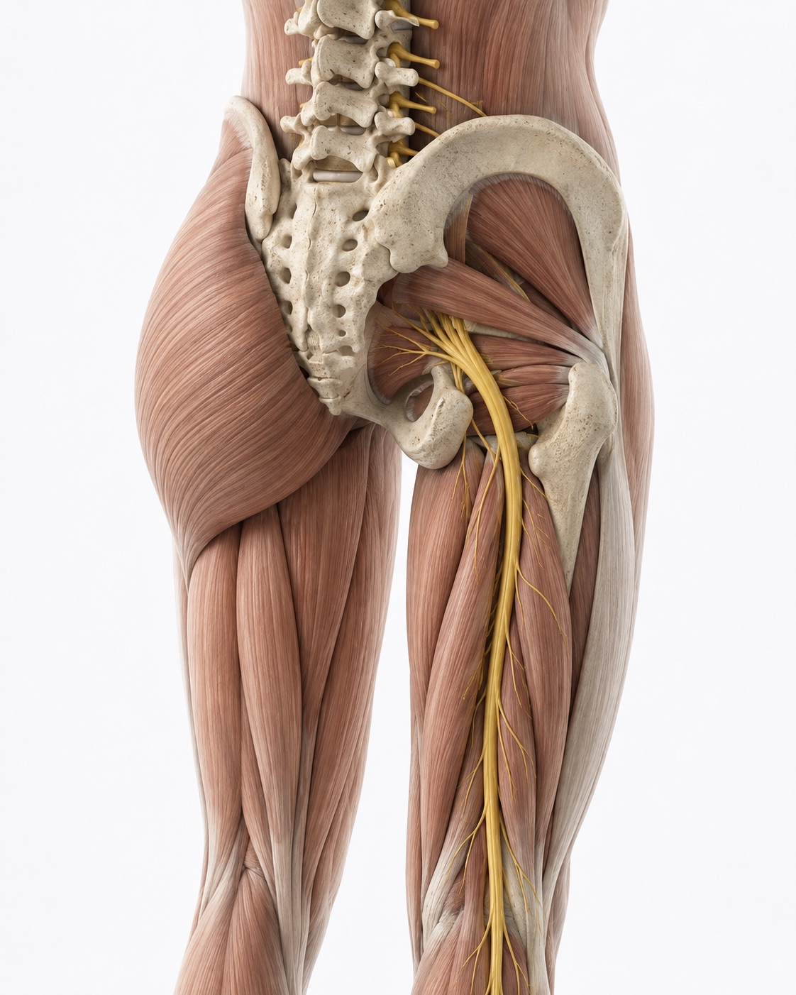 Realistic posterior anatomical cutaway showing the lower spine, pelvis, and golden sciatic nerve descending through the buttock and thigh