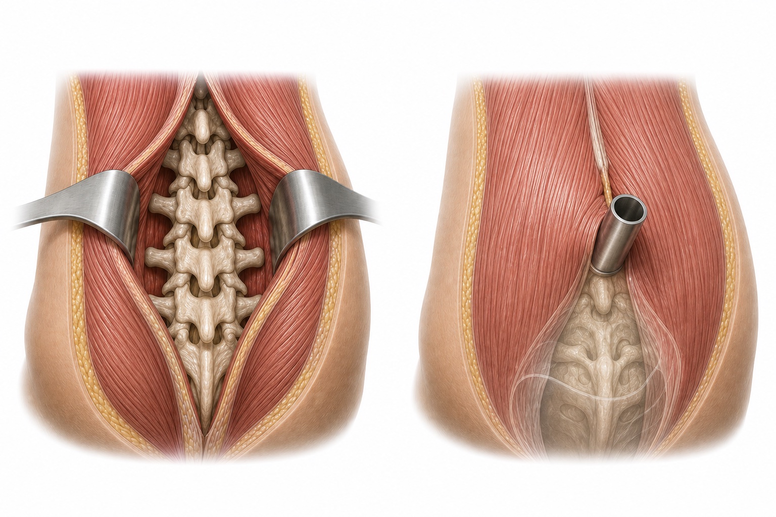Medical illustration of a wider spinal exposure held open with metal retractors