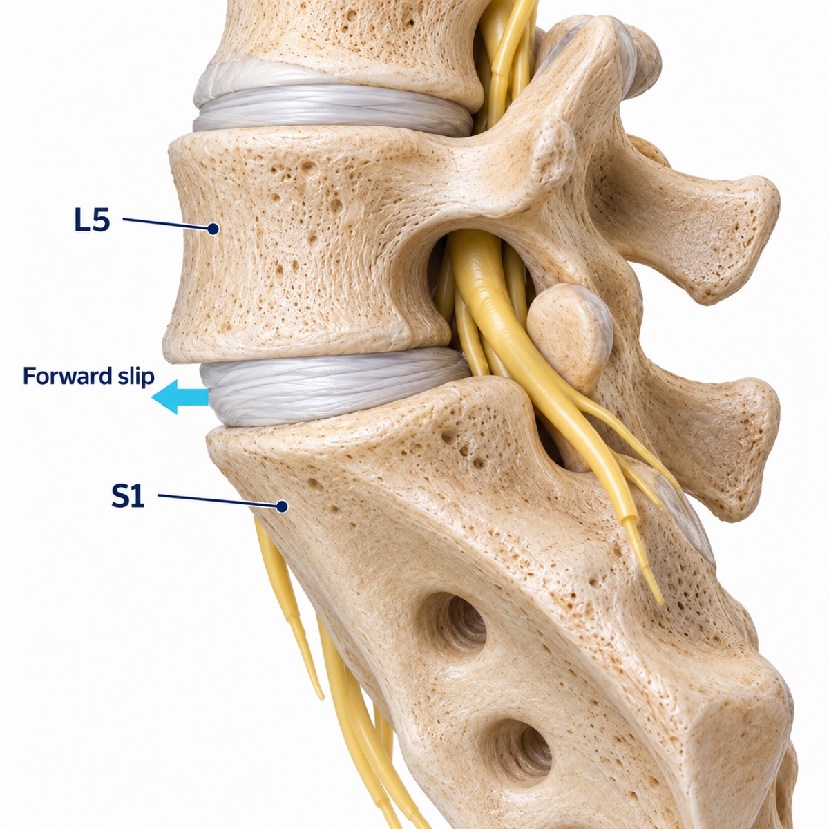 Close-up 3D illustration of a mild Grade I forward slip, with L5 and S1 labeled and a cyan arrow showing L5 moving toward the front