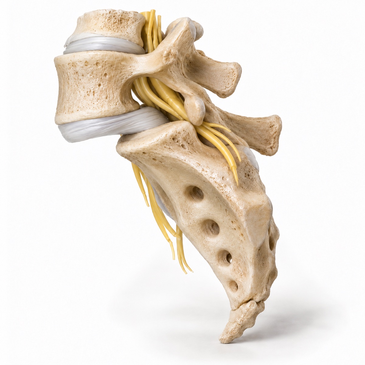 Realistic three-dimensional lateral model of a Grade III slip, with most of the L5 vertebral body displaced in front of the sacral endplate