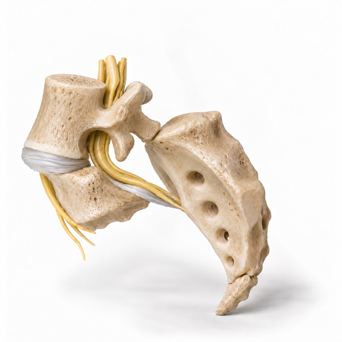 Realistic three-dimensional lateral model of Grade V spondyloptosis, with L5 displaced completely forward and downward in front of the sacrum