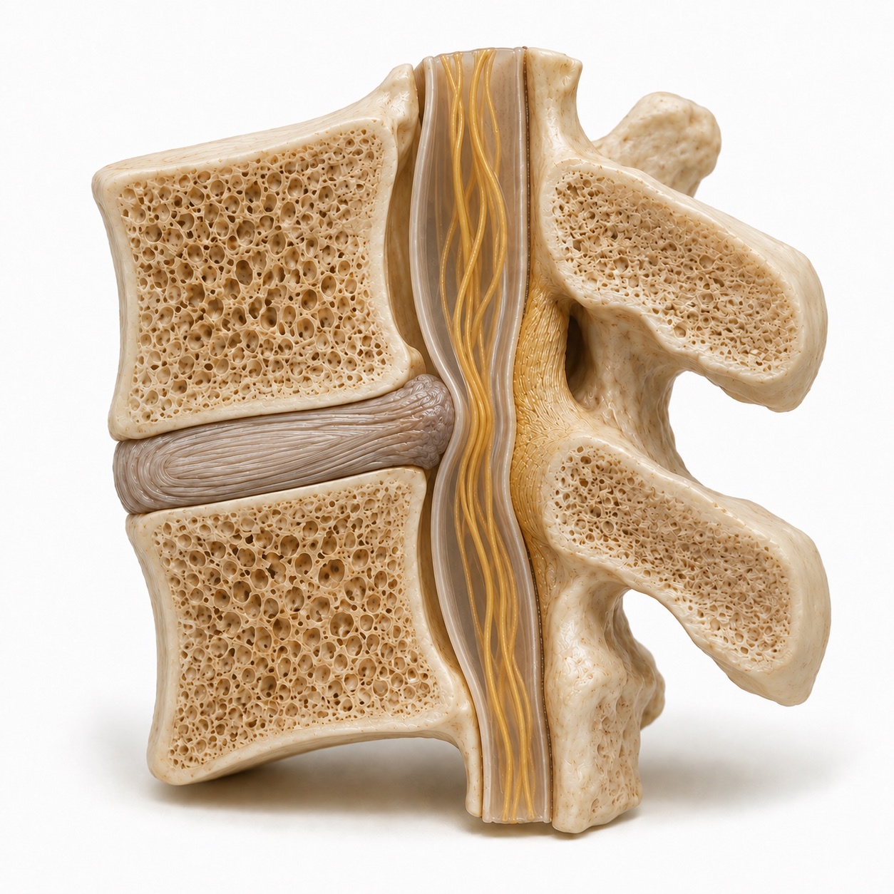Matching lumbar cutaway in forward flexion, showing more space around the nerve roots while the degenerative disc and ligament remain