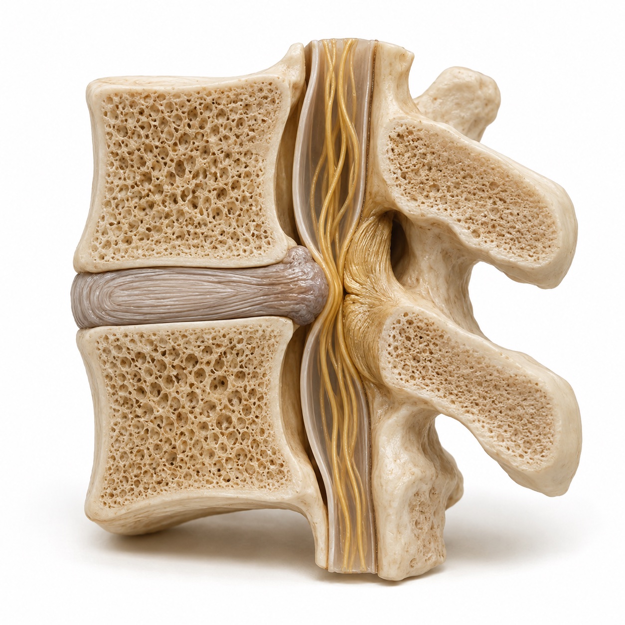Realistic lumbar cutaway in an upright posture, showing disc and ligament crowding the nerve roots at the narrowed canal