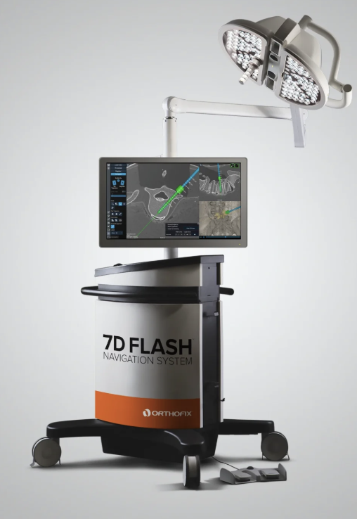 The 7D FLASH Navigation System cart with a navigation display, used by Dr. Hobbs for spine fusions